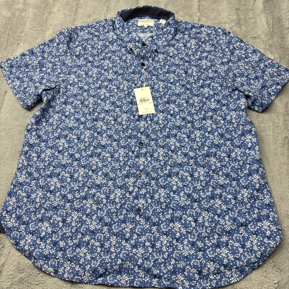 CONSTRUCT Slim Fit Button Up Shirt Men's 2X Blue Floral Print 4 Way Stretch NWT